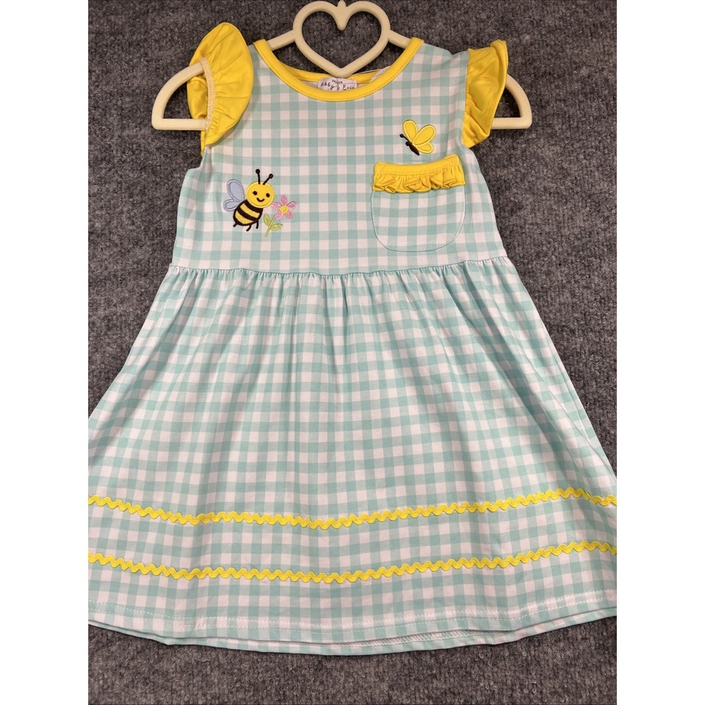 NWT Abby & Evie Premium Teal Gingham Bumblebee Dress - Size 2T